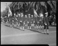 Navy officers and Navy marching band in the Armistice Day parade, Santa Monica, 1938