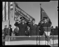 Colonel Robert A. Bringham saluting along with two other veterans at the Armistice Day parade, Santa Monica, 1938