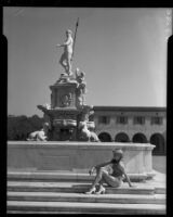 Model Jean Myras at the Neptune Fountain at Malaga Cove Plaza, Palos Verdes Estates, 1936