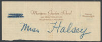 Handwritten note printed on Mariposa Garden School letterhead with the name of Mrs. Halsey,  1940s