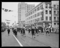 Navy band marching in the Canadian Legion parade, Santa Monica, 1937
