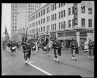 Scottish bagpipe band in the Canadian Legion parade, Santa Monica, 1937