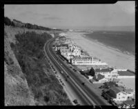 Bird's-eye view of Santa Monica Beach and the Pacific Coast Highway, 1947-1952
