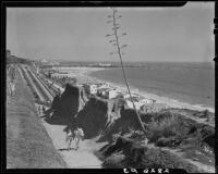 Beach goers walking up the Idaho path from the beach to Palisades Park, Santa Monica, 1938-1950