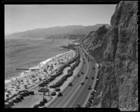 View of Will Rogers State Beach and the Pacific Coast Highway from Pacific Palisades, Los Angeles, 1936