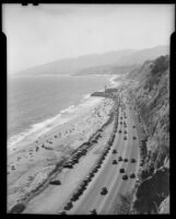 View of Will Rogers State Beach and the Pacific Coast Highway from Pacific Palisades, Los Angeles, 1936