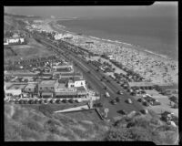 View from Pacific Palisades of the outlet of Santa Monica Canyon at Will Rogers State Beach, Los Angeles, 1936
