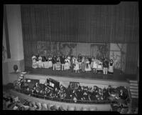 Cast of "The Student Prince" in singing on stage, Barnum Hall, Santa Monica 1952 Monica, 1952