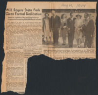 Clipping regarding the dedication of Will Rogers State Park, Los Angeles, 1944