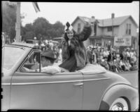 Actress Joyce Reynolds (possibly) riding in the Will Rogers Memorial Celebration parade, Santa Monica, 1940