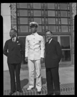 Mayor Claude C. Crawford with unidentified men outside City Hall, Santa Monica, 1940