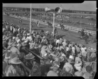 Horseback riders at Desert Circus Rodeo on the infield and the track at the Palm Springs Field Club, Palm Springs, 1941