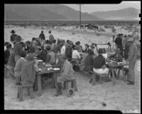 Vacationers in the desert enjoy breakfast with The Desert Riders, Palm Springs vicinity, 1936