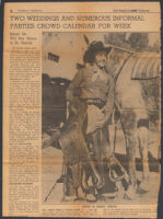 Newspaper clipping with a photograph of Mrs. Stewart Hopps with her horse after a Desert Circus event, Palm Springs, 1937