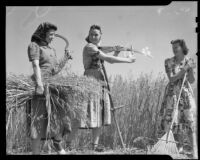 Three young girls preparing for hay making, Santa Monica, 1938