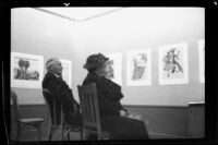 Parents view art on display at an art room open house, Santa Monica High School, 1937-1939
