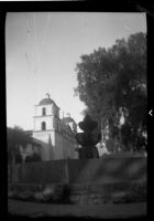 Mission Santa Barbara, exterior view from behind the fountain, Santa Barbara, 1937