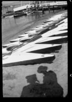 Kayaks for rent on Balboa Peninsula, Newport Beach, 1937