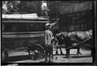 Man standing in front of a stagecoach at the Old Spanish Days Fiesta, Santa Barbara, 1937