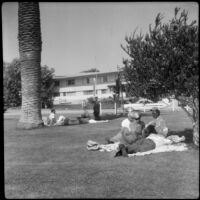People relaxing on blankets on the lawn at Palisades Park, Santa Monica