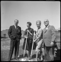 John C. Lindsay with June Lockhart, Patrice Munsel and an official at the ground breaking ceremony for Pacific Plaza, Santa Monica, 1962