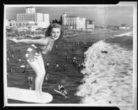 Jean Moorhead surfing at the Elks convention, composite photograph, Santa Monica, 1951