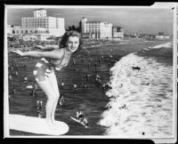 Jean Moorhead surfing at the Elks convention, composite photograph, Santa Monica, 1951