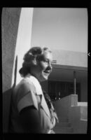 Student outside of a building at Santa Monica High School, Santa Monica, 1937-1939