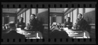 Robert S. James, convicted in Lois Wright morals case and suspect in Mary Emma James murder case, at sentencing, with lawyer Samuel Silverman, 2 filmstrip images, Los Angeles, 1936