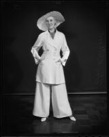 Model Floy Wiethorn in sharkskin coat and pants, Times Fashion Show, Los Angeles, 1936