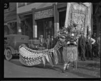 Chinese lion during festival in Chinatown, Los Angeles, circa 1920-1939