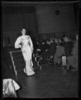 Model in fringed gown, Times Fashion Show, Los Angeles, 1936