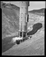 Officials at the inlet-outlet tower at the Bouquet Canyon Reservoir during the dedication ceremony, 1934