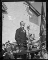 Beverly Hills Post Office dedication, speaker at microphone, Beverly Hills, 1934