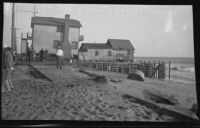 Beach houses threatened by tide, Newport Beach, 1934