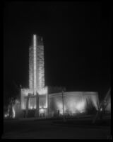 Night view of the Standard Oil Tower of the Sun at the California Pacific International Exposition, San Diego, 1935-1936