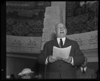 Governor Merriam at the California State Building on the opening day of the California Pacific International Exposition, San Diego, 1935