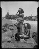 Two girls on the beach with a dog, Coronado, 1920-1930