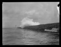 Los Angeles Harbor Light, breakwater, and breaking wave, San Pedro, [1920-1939?]