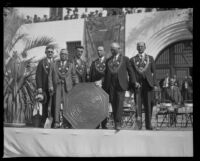Native Sons of Golden West with a bronze medallion at the dedication of the Santa Barbara County Courthouse, Santa Barbara, 1929