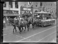 Santa Barbara Fiesta, horse-drawn float in parade, Santa Barbara, 1927