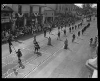 Conquistador, monks, and soldiers in the parade for the Old Spanish Days Fiesta, Santa Barbara, 1930