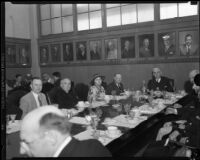 Newspaper publisher Frank Barham, William Simpson and other guests at dinner or luncheon, Los Angeles, [1930s?]