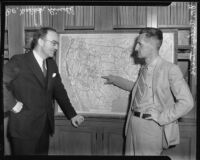 Geologists Malcolm Bissell and Arthur Tieje discussing drought and desert, University of Southern California, Los Angeles, 1935