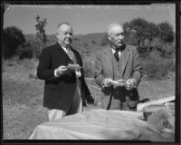 Real estate developer John H. Blair and hydrolic engineer William Mulholland at outdoor luncheon, Los Angeles, 1924