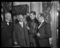 L. E. Behymer is awarded the Golden Palms of the Crown of Belgium at a Rotary Club luncheon at the Biltmore, Los Angeles, 1927