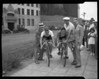 Two cyclists at the start of the Transcontinental Bicycle Relay race, Los Angeles, 1934