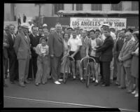 Two cyclists at the start of the Transcontinental Bicycle Relay race, Los Angeles, 1934