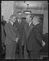 J. P. Buckley takes questions from councilmen J. W. Baumgartner, Jim Wilson, and Howard W. Davis, Los Angeles, 1934