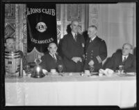 Lucien Brunswig, F. F. Pellissier, Captain Yves Donval, and Henri Didot at a Lions Club meeting at the Biltmore, Los Angeles, 1935